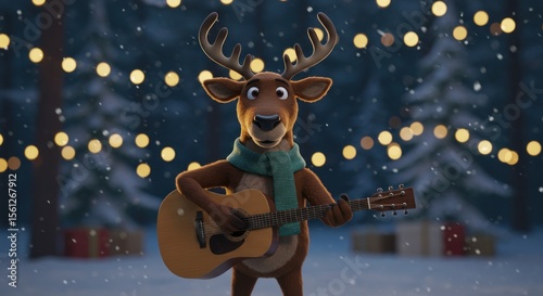 Festive Holiday Spirit Captured in a Whimsical Deer Playing Guitar Under Snowy Lights