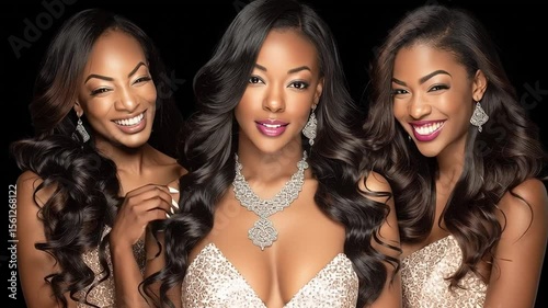 Elegant woman with long black hair and stunning jewelry showcasing beauty in a glamorous photoshoot