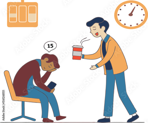 Vector art of a man offers coffee to a tired colleague waiting in the office on a chair