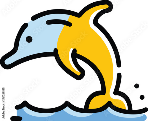 Stylized Dolphin Illustration with CMYK Colors and Helvetica and Courier Fonts