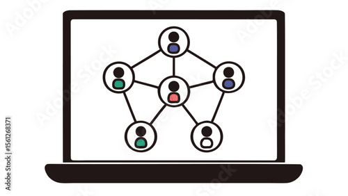 Laptop displaying a network of connected people icons with different colored head silhouettes online