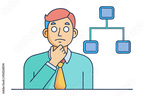 Confused businessman contemplating a hierarchical organizational chart with blank boxes representing unknown roles or decisions