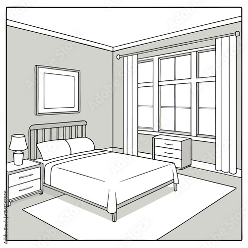 Illustration of a bedroom interior with a bed, window, bedside table, and picture frame on the wall