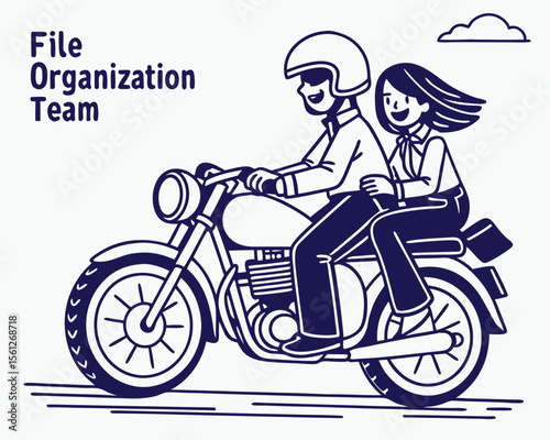 Vector art of a couple rides a motorcycle as a file organization team on white background