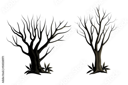 without leaves dead trees isolated on the white background.halloween concept graveyard trees clip art vector illustration.