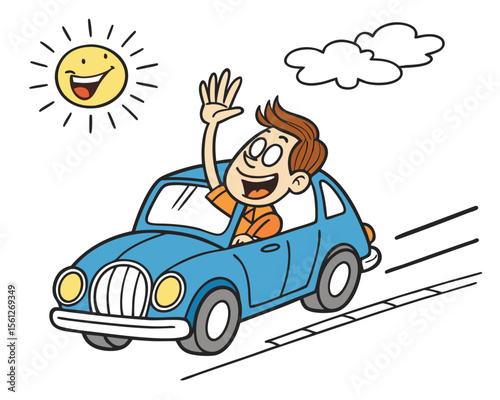 Vector art of a cheerful man waving from a blue car driving on a sunny day