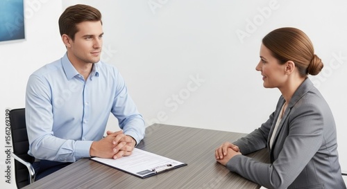 A man and woman sitting at a table facing each other in an office setting during a meeting scene