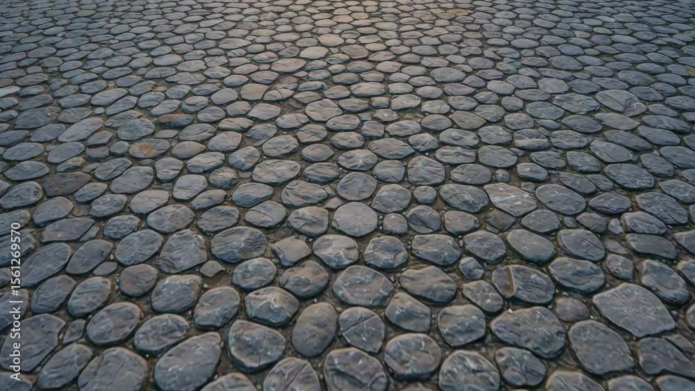 Cobblestone pavement texture with irregular stones in gray tones  