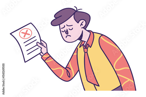 Disappointed young man holds paper with a red x mark indicating failure or incorrect answer on a test