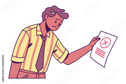Disappointed businessman holding a document with a red cross mark indicating failure or rejection in his work