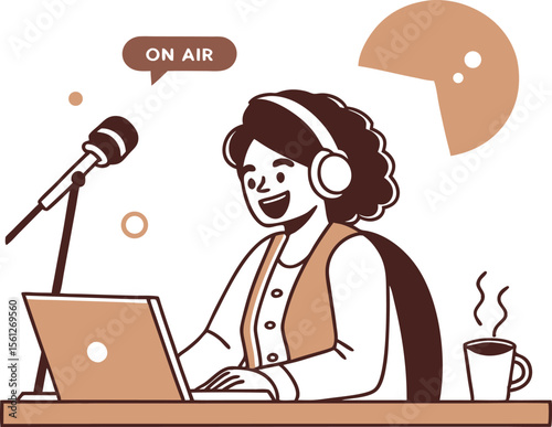 Vector art of a woman recording a podcast with a microphone and laptop