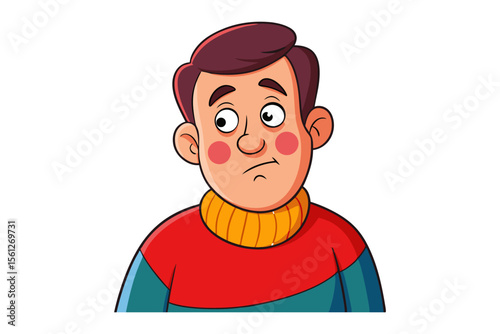 Confused Man Cartoon Illustration: A cartoon illustration of a man with a confused expression, looking upward with slightly wide eyes and rosy cheeks, wearing a red and teal sweater.