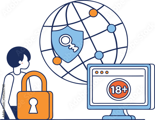 Vector art of internet security with a shield, lock, and adult content restriction