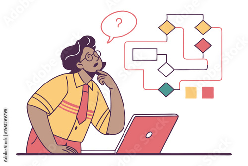 Confused person contemplating a complex flowchart diagram on a laptop screen seeking clarity and solutions