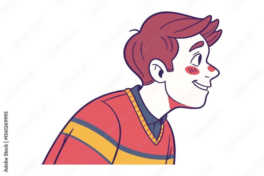 Fototapeta premium Cheerful Portrait: A charming, friendly young man with rosy cheeks and a radiant smile is depicted, evoking feelings of approachability, kindness, and warmth. The illustration style lends a dynamic.