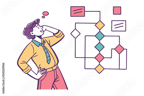 A thoughtful person contemplates a colorful flowchart considering different paths and decisions in a business or project planning process