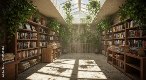 Serene library interior with natural light and verdant vegetation creating a tranquil scholarly