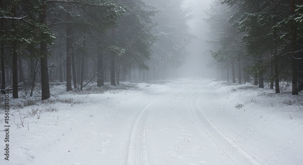 Fototapeta premium Snowy forest path shrouded in mist creating a serene and mysterious winter landscape
