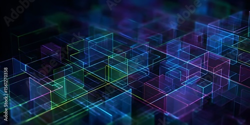 Abstract digital background with glowing holographic cubes and lines in blue, green, and purple colors on a dark black background.