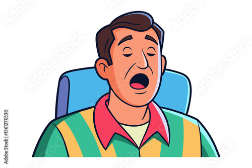 Cartoon man with eyes closed and mouth open wide appearing to yawn or sing loudly while sitting in a chair