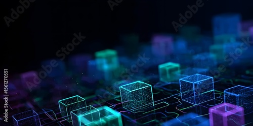 Abstract digital background with glowing holographic cubes and lines in blue, green, and purple colors on a dark black background.