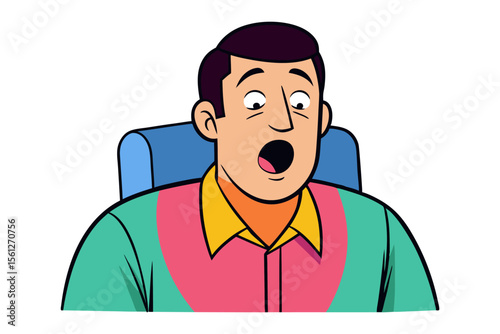 Cartoon man sitting in chair with wide open mouth and shocked expression on white background
