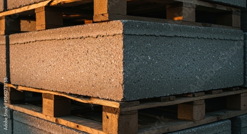 Stacked concrete blocks on wooden pallets create a rugged texture and modular design  at sunset