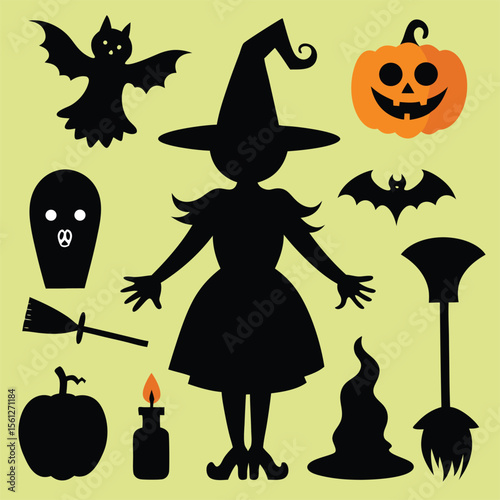 Halloween witch silhouette set illustration with Broom and Cat Halloween witch silhouette vector |Premium Vector
