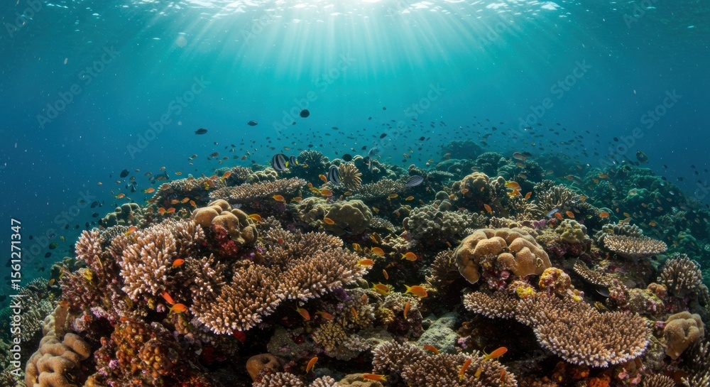 Fototapeta premium Vibrant coral reef ecosystem teeming with marine life under a sunlit ocean surface