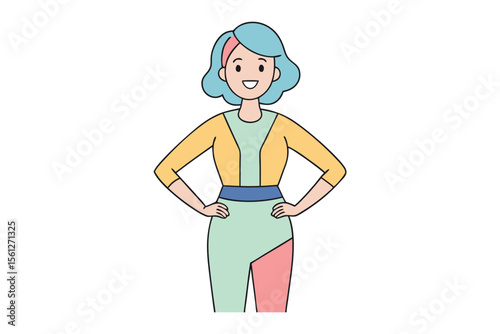 Woman with her hands on waist: A stylish, confident woman stands with her hands on her waist, expressing her individuality and modern charm in this colorful illustration