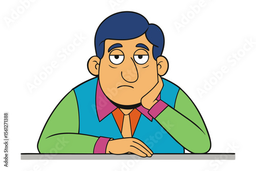 A cartoon man with blue hair and a colorful shirt rests his head on his hand with a bored or tired expression