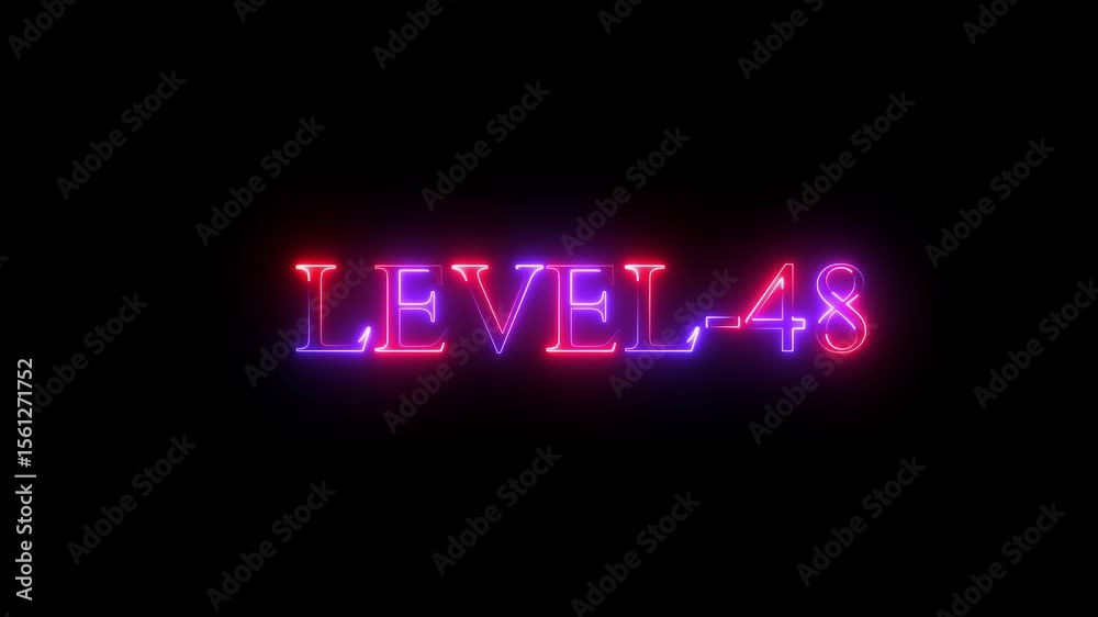 level 48 neon bright text font colorful animation. Level 48 text font with neon light. Level Up neon sign. neon letters spelling out level 48appear in the black background.