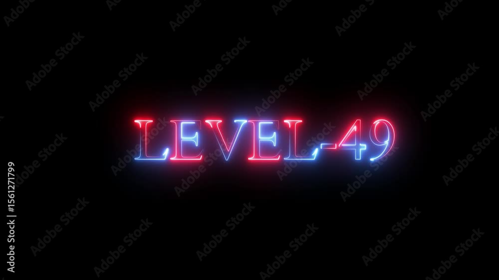 level 49 neon bright text font colorful animation. Level 49 text font with neon light. Level Up neon sign. neon letters spelling out level 49 appear in the black background.