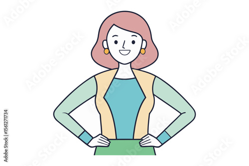 Confident Woman Illustration: A cheerful woman with pink hair, wearing a pastel green cardigan and teal top, stands confidently with her hands on her hips.
