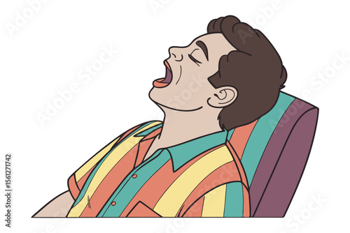 Cartoon illustration of a man with his mouth wide open eyes closed leaning back in a chair appearing to snore or be asleep