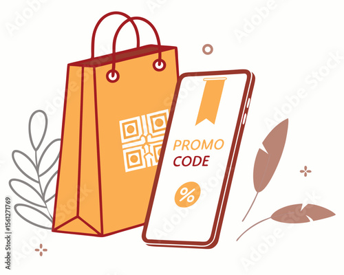 Vector art of a shopping bag with a qr code stands next to a phone displaying a promo code