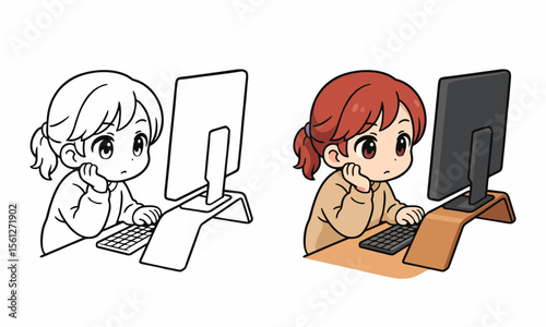 woman at his desk is working on the laptop computer coloring page for kids