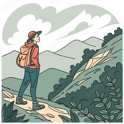 A person with a backpack is standing on a path looking at the mountains and the sky with clouds above them