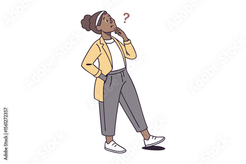Woman contemplating a question: An illustration depicts a woman in thoughtful pose, a large question mark subtly hints at her internal deliberation as she seeks answers or contemplates options.