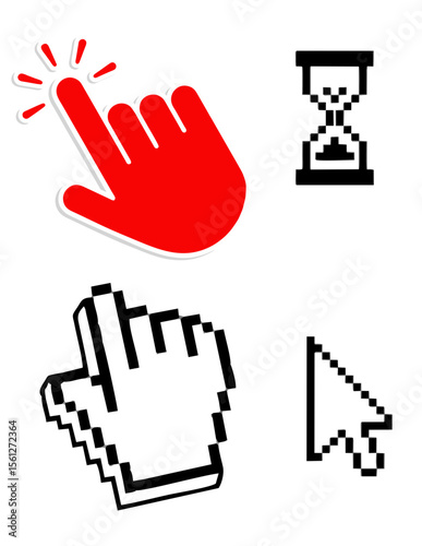 Mouse cursor set. Arrows web cursors, digital hand pointers. Arrow cursor pixel digital, web pointing and hourglass illustration, Cursor pixel mouse arrow pointer click icon. Vector pixel cursor
