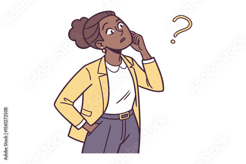 Contemplative thought : An illustration captures a thoughtful young woman, hand to chin, her eyes fixed on a floating question mark, symbolizing deep thought.