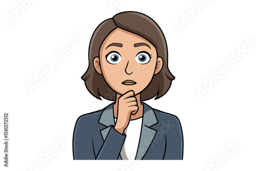 Businesswoman in Thought: A thoughtfully pensive businesswoman, depicted in a stylized cartoon illustration, rests her chin on her hand, contemplating a decision or idea.  