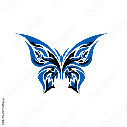 Tribal Blue Butterfly Logo, Smooth Curves and Sharp Edges, Black and Blue Only