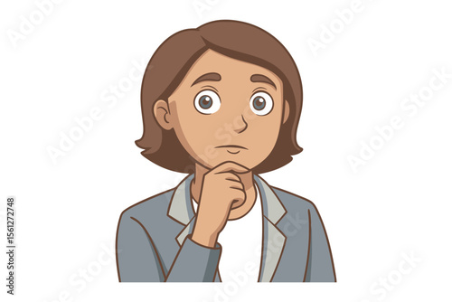 Thoughtful Consideration: A professional woman in a smart jacket, her hand thoughtfully touching her chin, encapsulates a moment of profound thought. A blend of seriousness, poise.