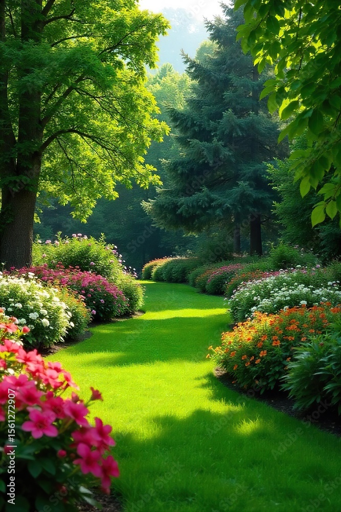 Naklejka premium Serene Lush Garden Landscape Vibrant Flowering Shrubs, Mature Trees, Tranquil Outdoor Scene Ideal for Real Estate, Landscaping & Garden Design