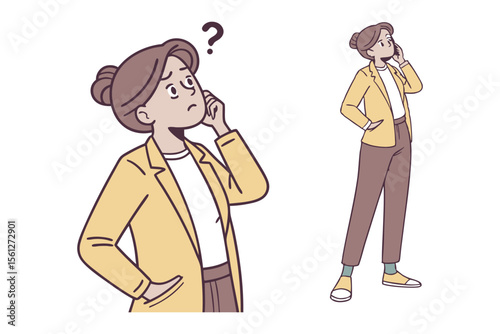 Confused phone call: A stylish lady faces the complexity of communication, grasping a mobile in a dynamic and illustrative composition 