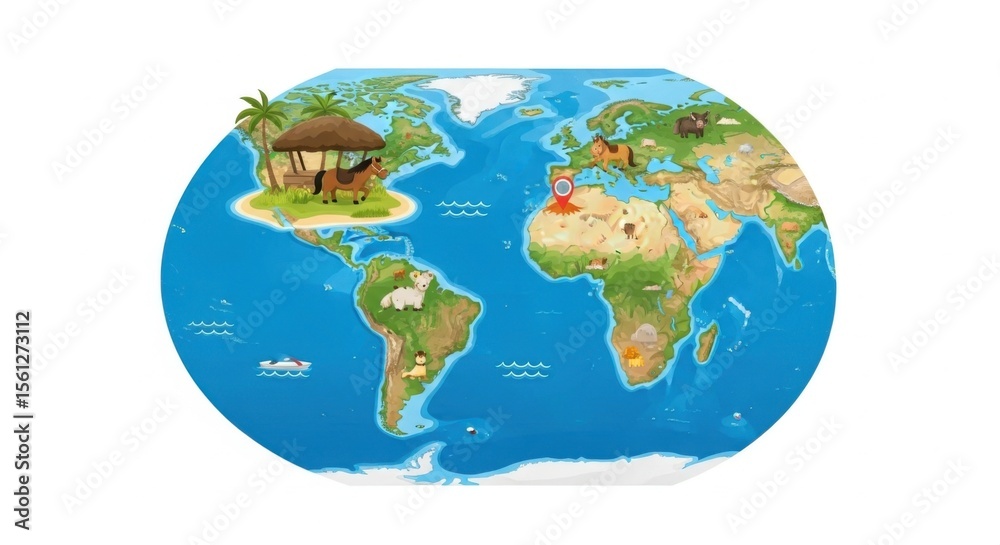 Naklejka premium A colorful world map showcasing diverse animals and habitats from different continents and regions