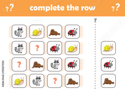 Education game for children complete the pattern. Cute wIld animals. Vector Illustration