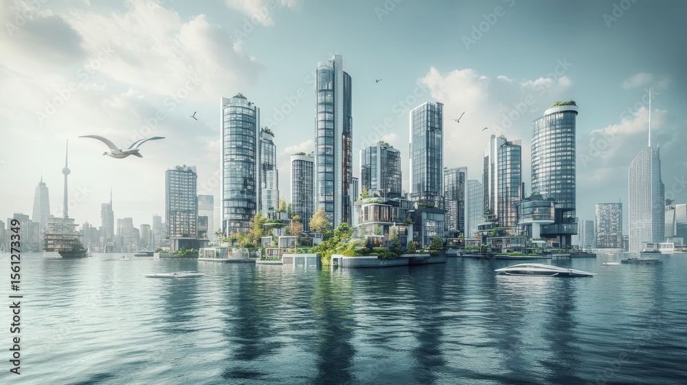 Fototapeta premium A futuristic cityscape emerges from tranquil waters. Tall buildings shimmer under the vibrant sky. Nature and architecture coexist harmoniously. Generative AI