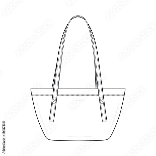 Minimalist Tote Bag Technical Fashion Illustration. Basic Long Handle Canvas Tote Vector Template. Front View. Reusable Shopping Bag CAD Mockup.